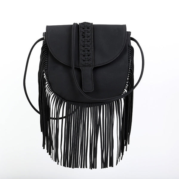 Black Chic Bohemian Fringe Crossbody Bag Suede Look Pu Leather With Braided Detail & Adjustable Strap Women's Bags & Handbags
