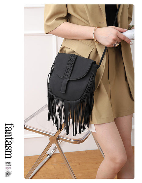 Black Chic Bohemian Fringe Crossbody Bag Suede Look Pu Leather With Braided Detail & Adjustable Strap Women's Bags & Handbags
