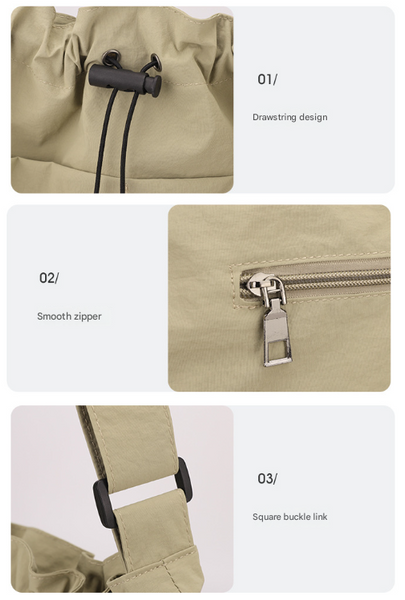 Khaki Chic Lightweight Nylon Drawstring Tote Bag Multi Pocket Casual Shoulder Crossbody Women's Bags & Handbags