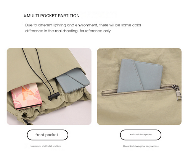 Orange Chic Lightweight Nylon Drawstring Tote Bag Multi Pocket Casual Shoulder Crossbody Women's Bags & Handbags