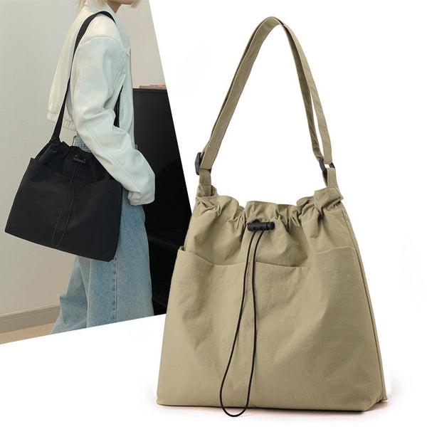 Green Chic Lightweight Nylon Drawstring Tote Bag Multi Pocket Casual Shoulder & Crossbody Women's Bags & Handbags
