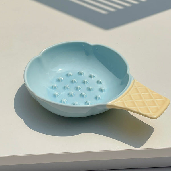 Blue And Yellow Adorable Ice Cream Cone Ceramic Slow Feeder Pet Bowl Fun Anti Gulp Design For Cats & Dogs Dog Bowls