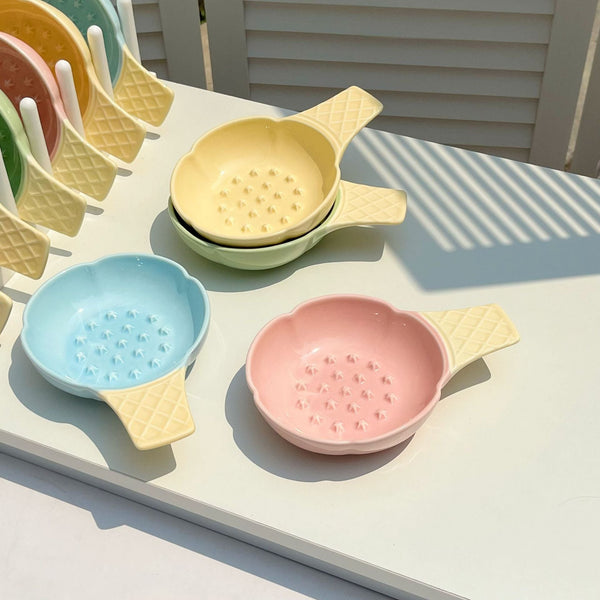 Blue And Yellow Adorable Ice Cream Cone Ceramic Slow Feeder Pet Bowl Fun Anti Gulp Design For Cats & Dogs Dog Bowls