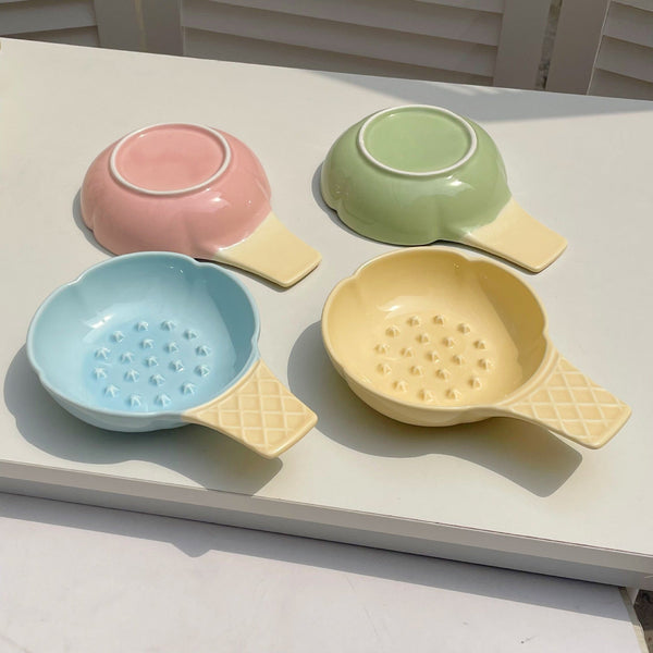 Green And Yellow Adorable Ice Cream Cone Ceramic Slow Feeder Pet Bowl Fun Anti Gulp Design For Cats & Dogs Dishes Feeders & Fountains