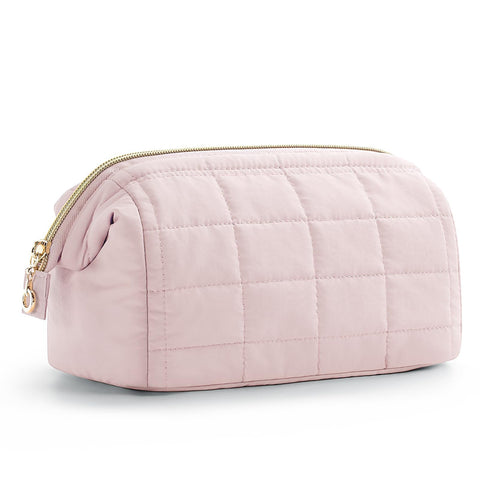 Pink Chic Quilted Puffer Makeup Bag Large Capacity Travel Cosmetic Organiser With Wide Opening Makeup Bags & Cases