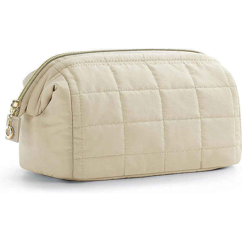 Beige Chic Quilted Puffer Makeup Bag Large Capacity Travel Cosmetic Organizer With Wide Opening Makeup Bags & Cases