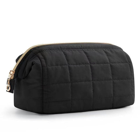 Black Chic Quilted Puffer Makeup Bag Large Capacity Travel Cosmetic Organizer With Wide Opening Makeup Bags & Cases