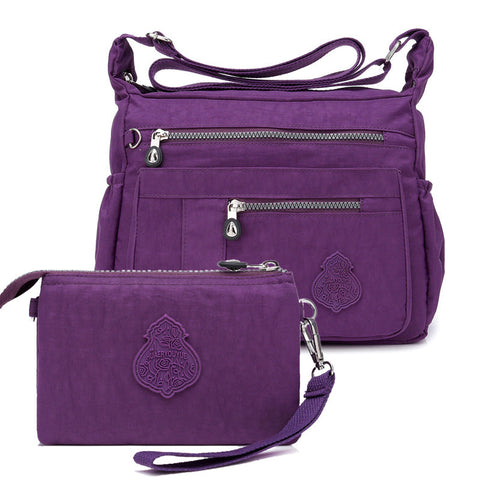 Purple Versatile Womens Nylon Water Repellent Crossbody Shoulder Bag Set With Matching Clutch Pouch Women's Bags & Handbags