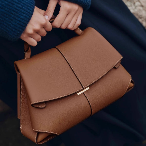 Khaki Elegant Womens Genuine Cowhide Leather Top Handle Satchel Chic Flap Crossbody Shoulder Bag Women's Bags & Handbags