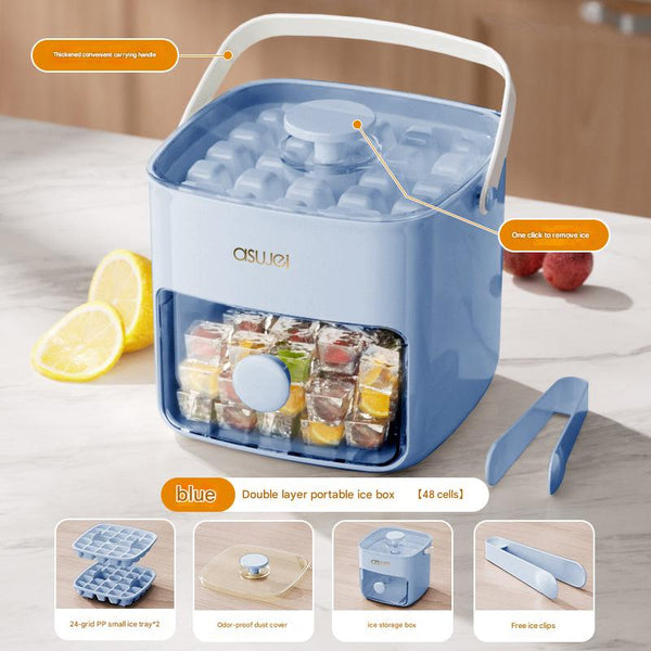 Blue Innovative Press Release Ice Cube Maker Dual Layer Trays & Storage Bin 48 Cubes Ice Cubes Trays & Moulds