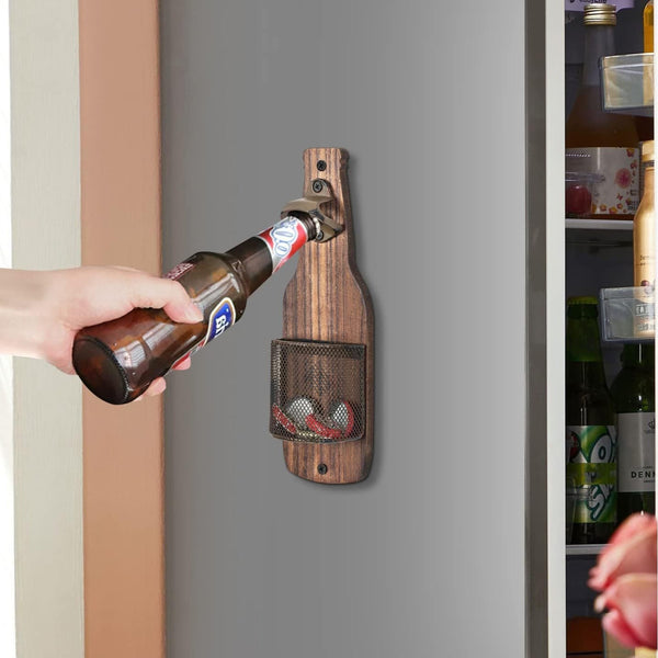 Brown Rustic Wall Mounted Bottle Opener With Cap Catcher Beer For Bar & Kitchen Corkscrews & Bottle Openers
