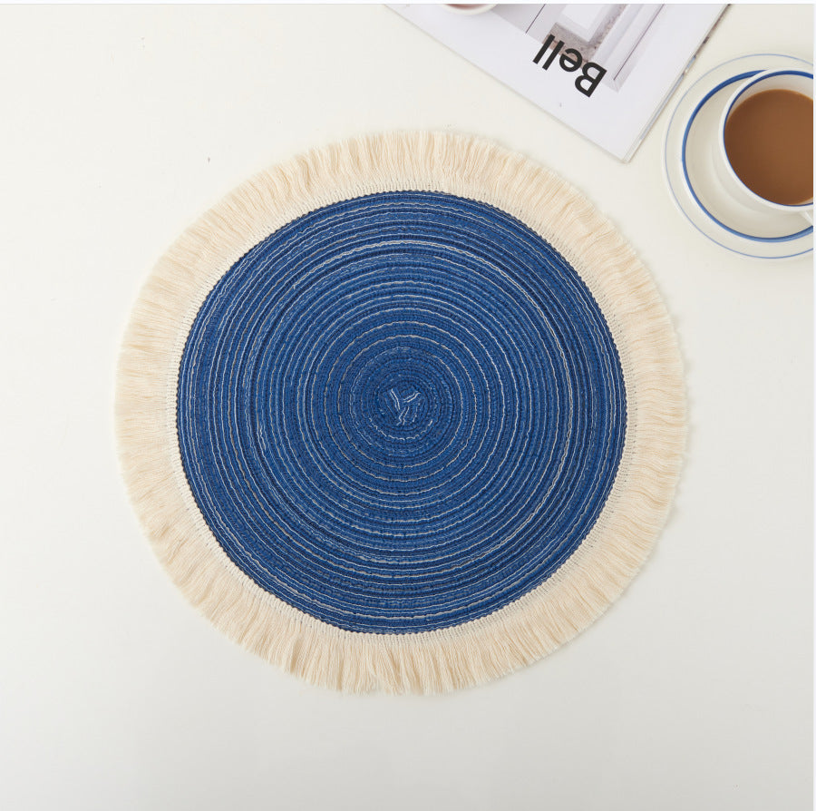 Blue Chic Round Woven With Tassel Fringe Set Of 4 Cotton Ramie Blend Heat Resistant Table Mats Placemats