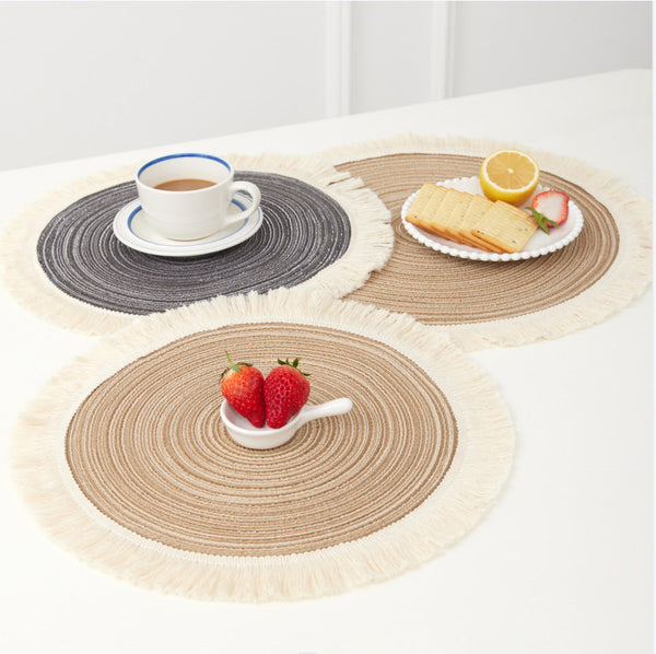 Blue Chic Round Woven With Tassel Fringe Set Of 4 Cotton Ramie Blend Heat Resistant Table Mats Placemats