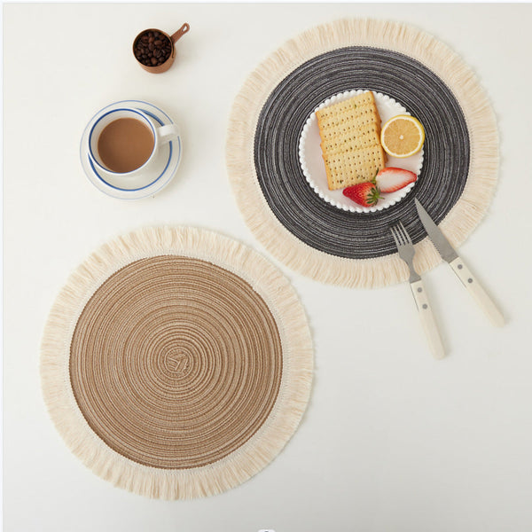 Blue Chic Round Woven With Tassel Fringe Set Of 4 Cotton Ramie Blend Heat Resistant Table Mats Placemats