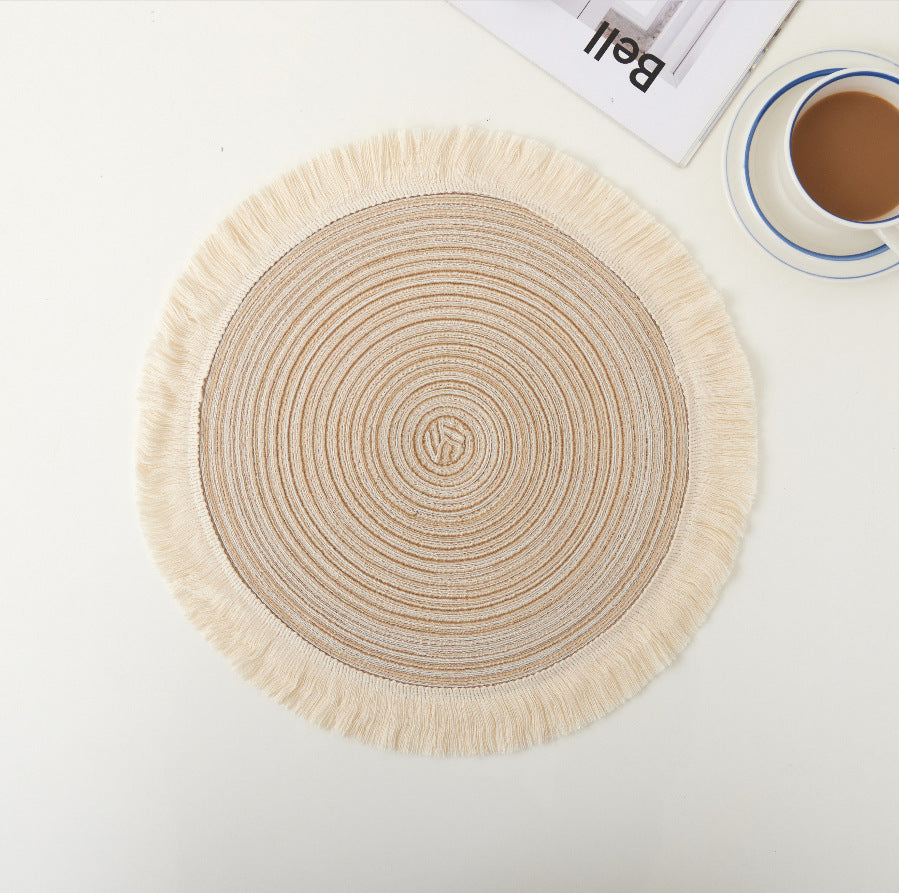 Beige Chic Round Woven With Tassel Fringe Set Of 4 Cotton Ramie Blend Heat Resistant Table Mats Placemats