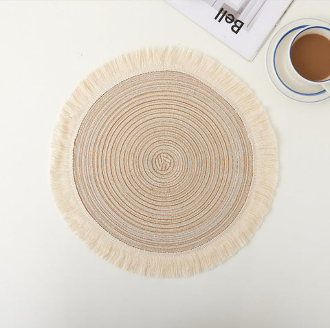 Beige Chic Round Woven With Tassel Fringe Set Of 4 Cotton Ramie Blend Heat Resistant Table Mats Placemats