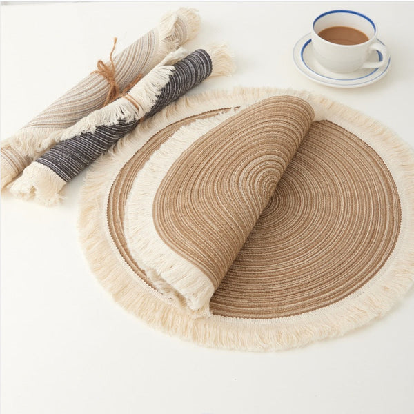 Beige Chic Round Woven With Tassel Fringe Set Of 4 Cotton Ramie Blend Heat Resistant Table Mats Placemats