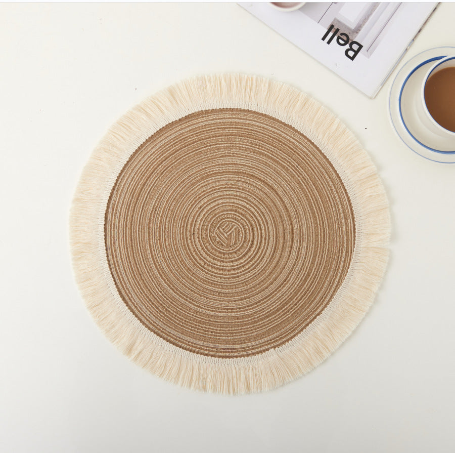 Brown Chic Round Woven With Tassel Fringe Set Of 4 Cotton Ramie Blend Heat Resistant Table Mats Placemats