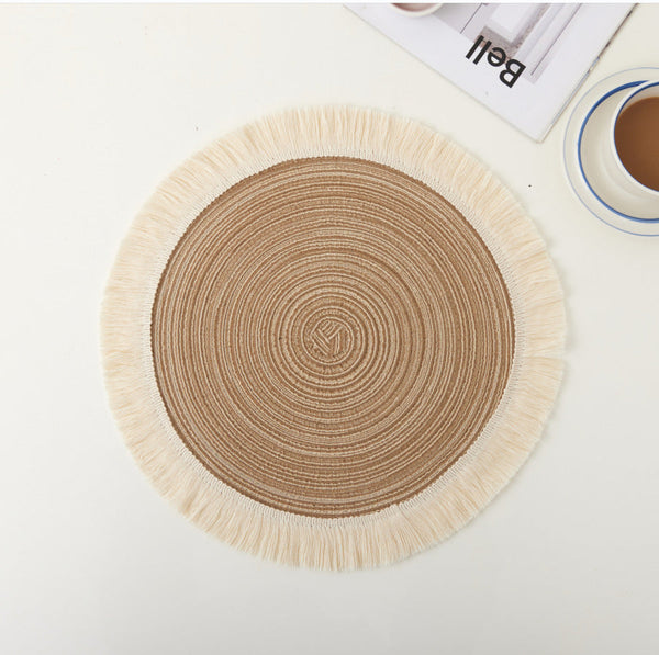 Brown Chic Round Woven With Tassel Fringe Set Of 4 Cotton Ramie Blend Heat Resistant Table Mats Placemats