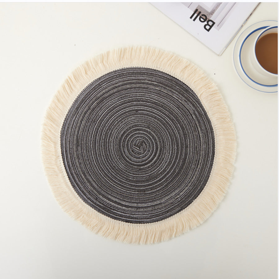 Grey Chic Round Woven With Tassel Fringe Set Of 4 Cotton Ramie Blend Heat Resistant Table Mats Placemats