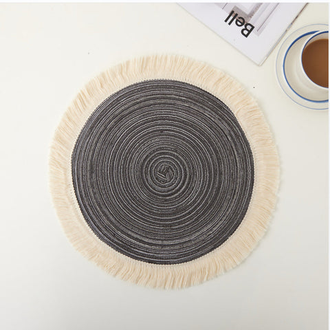 Grey Chic Round Woven With Tassel Fringe Set Of 4 Cotton Ramie Blend Heat Resistant Table Mats Placemats