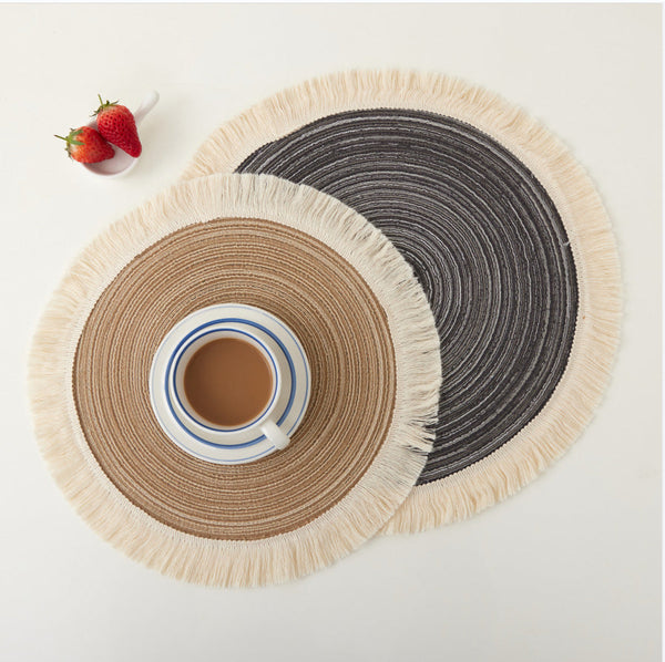 Grey Chic Round Woven With Tassel Fringe Set Of 4 Cotton Ramie Blend Heat Resistant Table Mats Placemats
