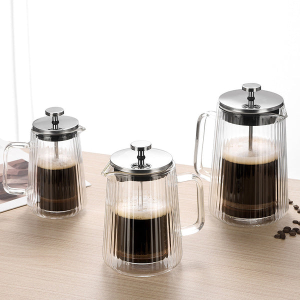 1000Ml Transparent Elegant Ribbed Double Wall Glass French Press Heat Resistant Coffee Tea Maker With Stainless Steel Filter Other Coffee Tea & Espres