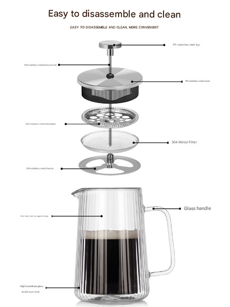1000Ml Transparent Elegant Ribbed Double Wall Glass French Press Heat Resistant Coffee Tea Maker With Stainless Steel Filter Other Coffee Tea & Espres