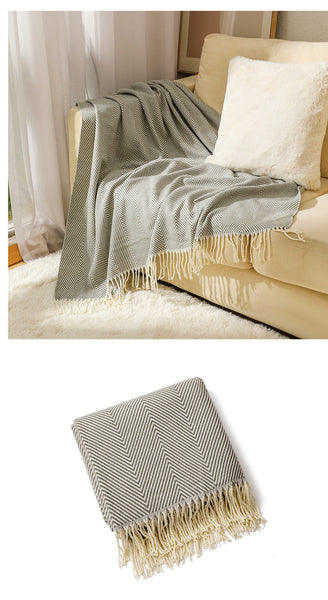 Grey Elegant Herringbone Tassel Throw Blanket Large Acrylic Faux Cashmere Soft Cozy For Sofa Bed & Decor (130X240cm) Throws & Afghans