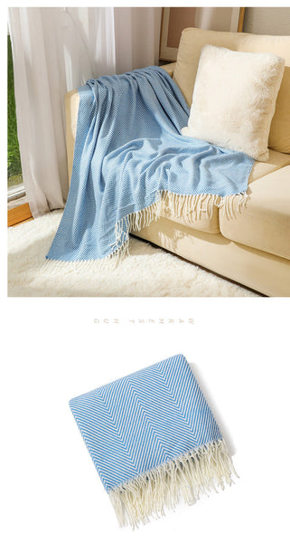 Blue Elegant Herringbone Tassel Throw Blanket Large Acrylic Faux Cashmere Soft Cozy For Sofa Bed & Decor 130X240cm Blankets
