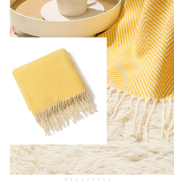 130X240cm Yellow Elegant Herringbone Tassel Throw Blanket Large Acrylic Faux Cashmere Soft Throws & Afghans