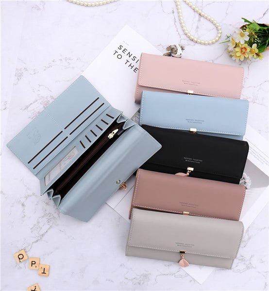 Green Elegant Ladies Long Pu Leather Wallet Slim Clutch With Leaf Charm Multi Card Holder & Organizer Wallets