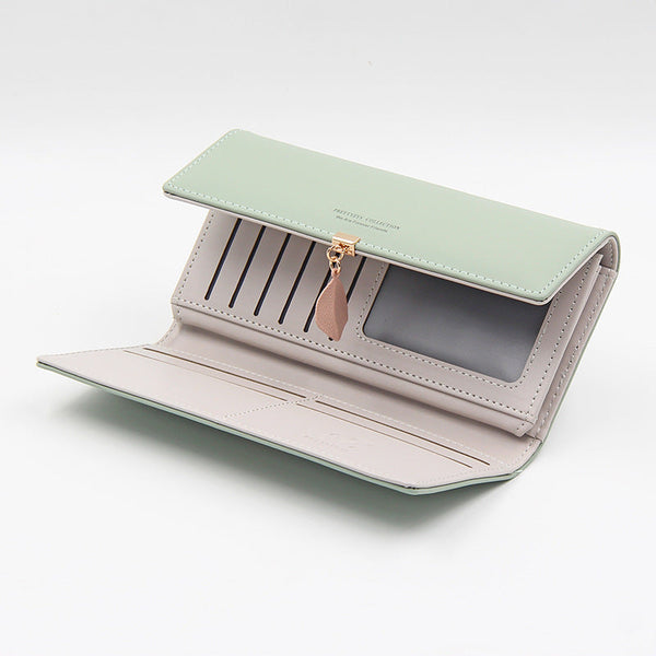 Green Elegant Ladies Long Pu Leather Wallet Slim Clutch With Leaf Charm Multi Card Holder & Organizer Wallets