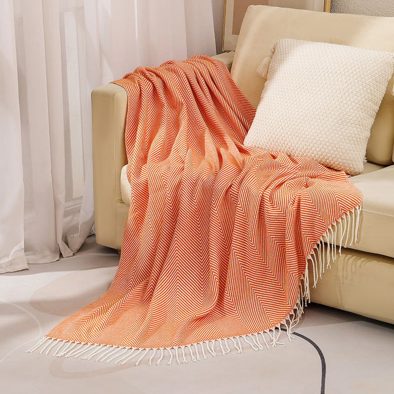 Orange Elegant Herringbone Tassel Throw Blanket Large Acrylic Faux Cashmere Soft Cozy For Sofa Bed & Decor (130X240cm) Throws & Afghans