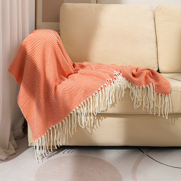 Orange Elegant Herringbone Tassel Throw Blanket Large Acrylic Faux Cashmere Soft Cozy For Sofa Bed & Decor (130X240cm) Throws & Afghans