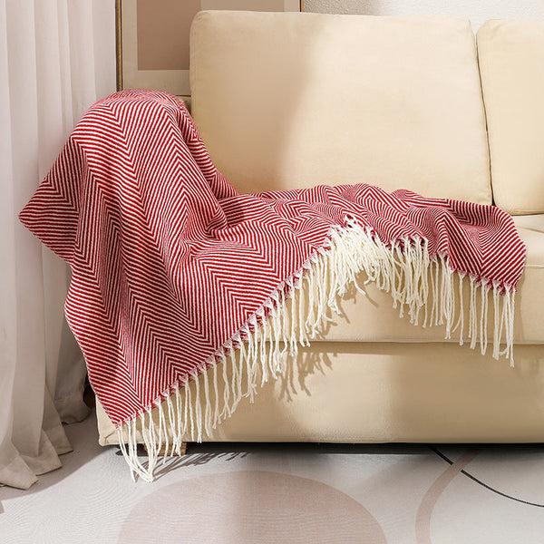Red Elegant Herringbone Tassel Throw Blanket Large Acrylic Faux Cashmere Soft Cozy 130X240cm Throws & Afghans