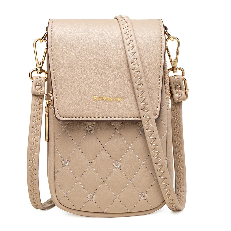 Beige Chic Quilted Crossbody Phone Bag Pu Leather Mini Purse With Floral Stitching Adjustable Strap Women's Bags & Handbags
