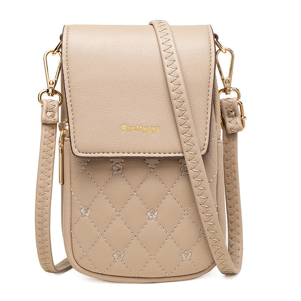 Beige Chic Quilted Crossbody Phone Bag Pu Leather Mini Purse With Floral Stitching Adjustable Strap Women's Bags & Handbags