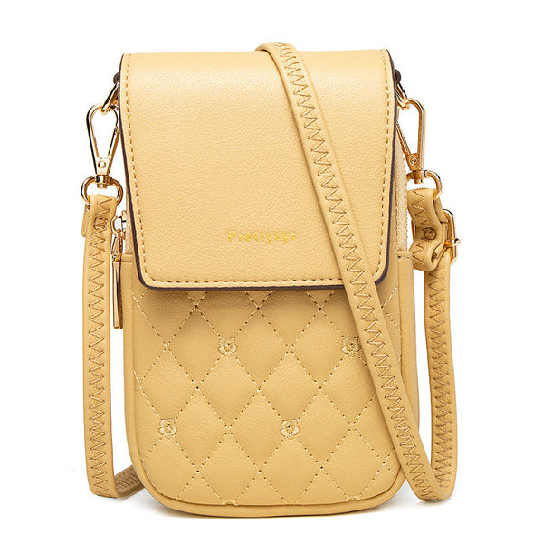 Yellow Chic Quilted Crossbody Phone Bag Pu Leather Mini Purse With Floral Stitching Adjustable Strap Women's Bags & Handbags