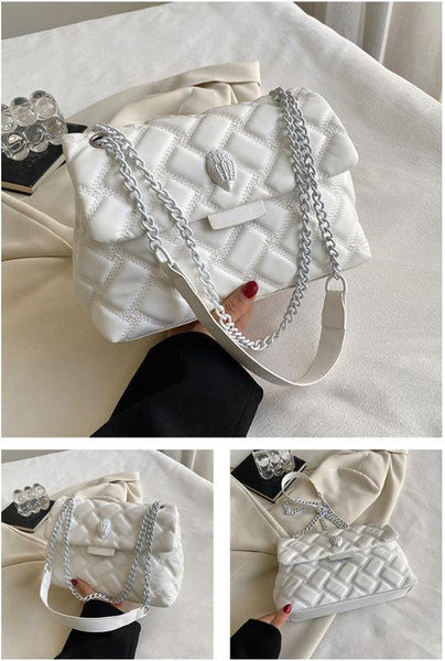 White Chic Quilted Crossbody Bag For Women Pu Leather Diamond Pattern Chain Strap Shoulder Purse With Elegant Clasp Women's Bags & Handbags