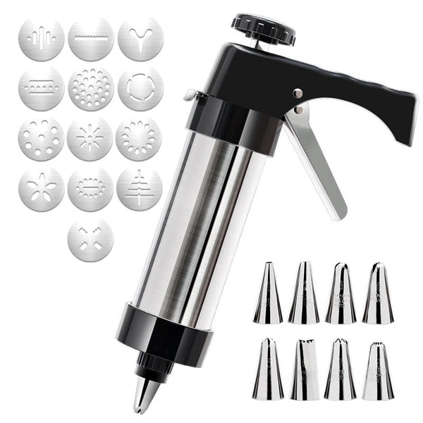 Silver And Black Stainless Steel Cookie Press Gun Kit Biscuit Maker Icing Decorating Set With 13 Discs 8 Nozzles Cookie Cutters