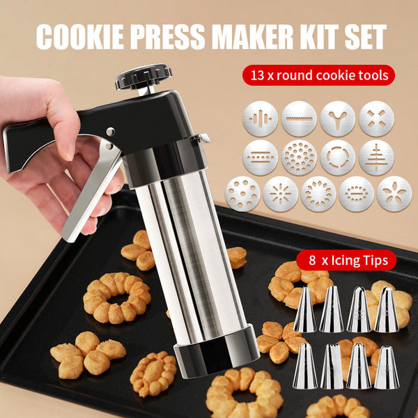 Silver And Black Stainless Steel Cookie Press Gun Kit Biscuit Maker Icing Decorating Set With 13 Discs 8 Nozzles Cookie Cutters