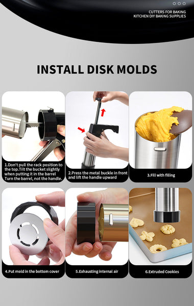 Silver And Black Stainless Steel Cookie Press Gun Kit Biscuit Maker Icing Decorating Set With 13 Discs 8 Nozzles Cookie Cutters