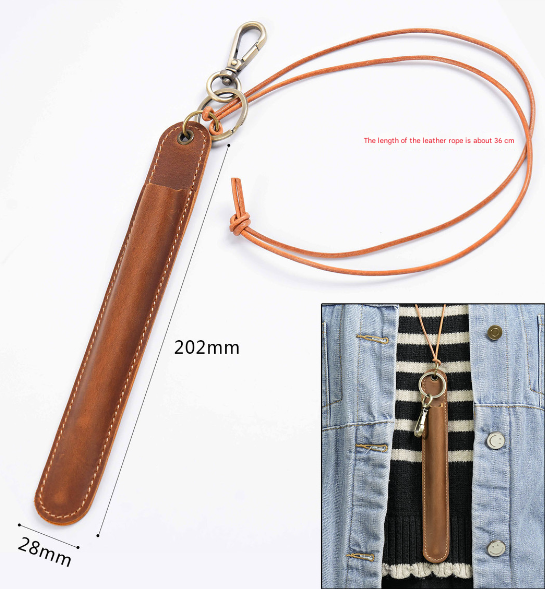 Coffee Top Grain Leather Pen Sleeve Holder With Neck Strap Protective Single Case Pen Holders