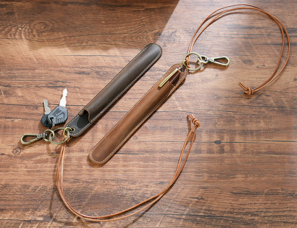 Coffee Top Grain Leather Pen Sleeve Holder With Neck Strap Protective Single Case Pen Holders