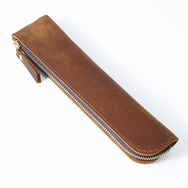 Brown Crazy Horse Leather Zippered Pen Case Retro Pencil Pouch & Small Accessories Bag Women's Bags & Handbags