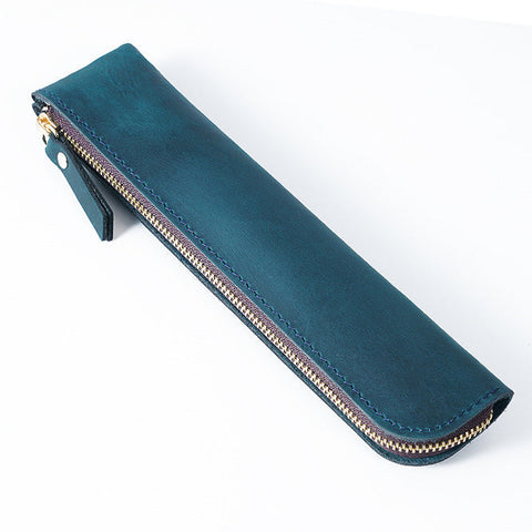 Blue Crazy Horse Leather Zippered Pen Case Retro Pencil Pouch & Small Accessories Bag Pencil Cases