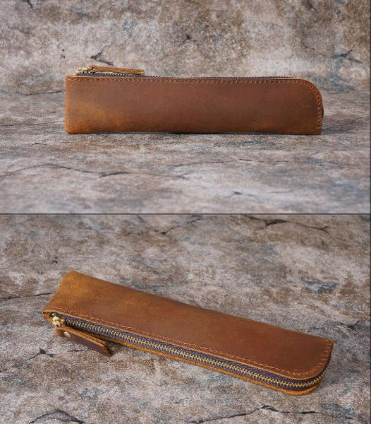 Blue Crazy Horse Leather Zippered Pen Case Retro Pencil Pouch & Small Accessories Bag Pencil Cases