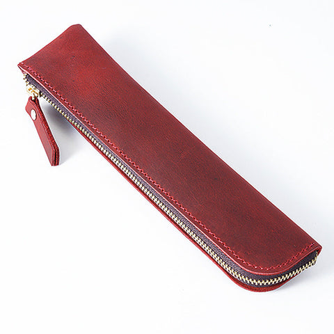 Red Crazy Horse Leather Zippered Pen Case Retro Pencil Pouch & Small Accessories Bag Pencil Cases