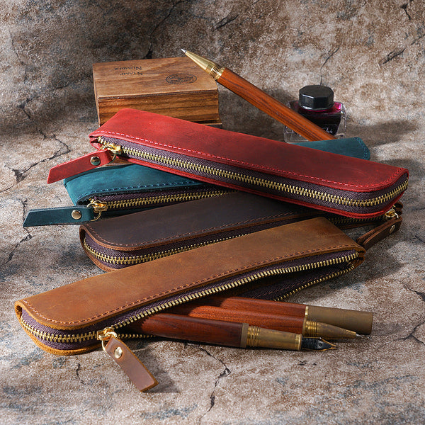 Red Crazy Horse Leather Zippered Pen Case Retro Pencil Pouch & Small Accessories Bag Pencil Cases